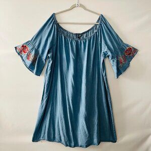 Chelsea Theodore Blue Off The Shoulder Embroidered Bell Sleeve Dress Size 2X
